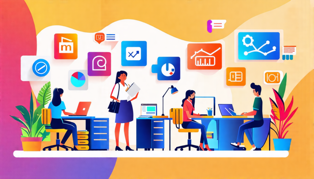 An inviting and diverse office environment featuring a variety of beginner-friendly job roles, with young professionals engaged in different part-time tasks. Include elements representing ten differen