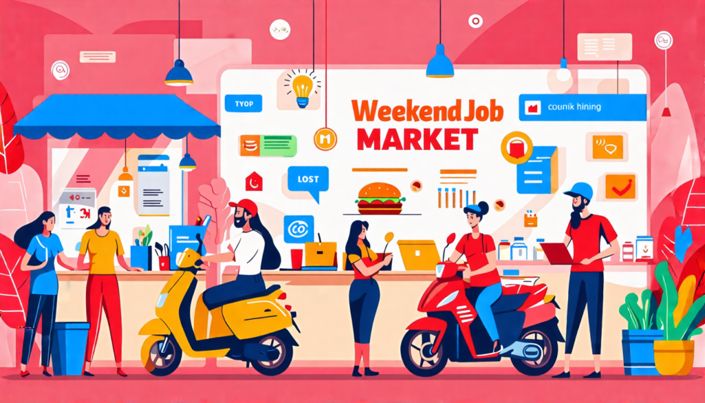 Create an illustration showcasing a vibrant and bustling weekend job market scene. Include diverse people engaged in various weekend jobs such as baristas, delivery drivers, freelance graphic designer