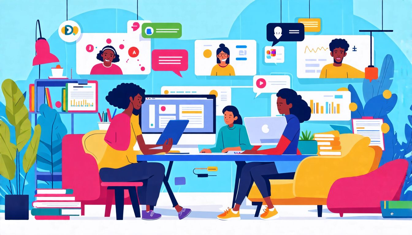 Create an illustration showcasing a cozy home office environment with a diverse group of people engaging in online tutoring. Include elements like laptops, books, and educational tools. Highlight vari