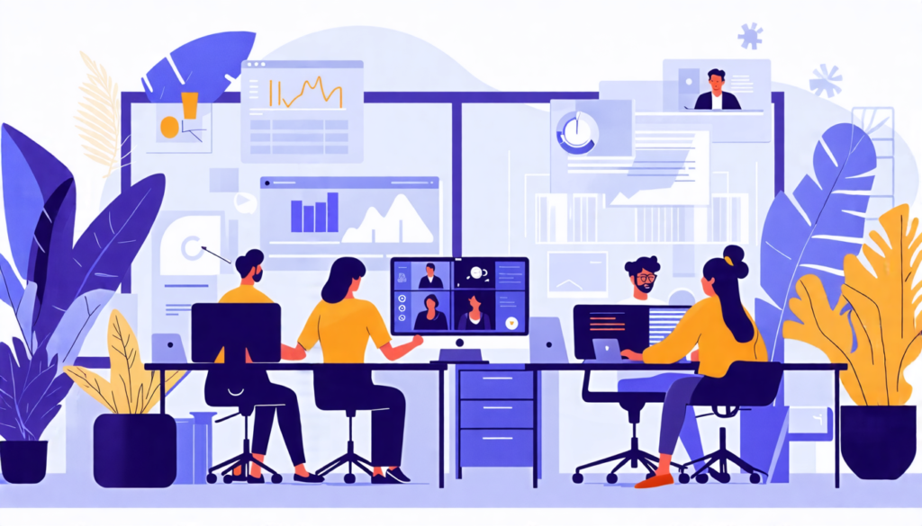 An artistic illustration of a modern office environment showcasing a diverse group of professionals engaged in hybrid work—some employees working at desks in the office, while others are collaborating