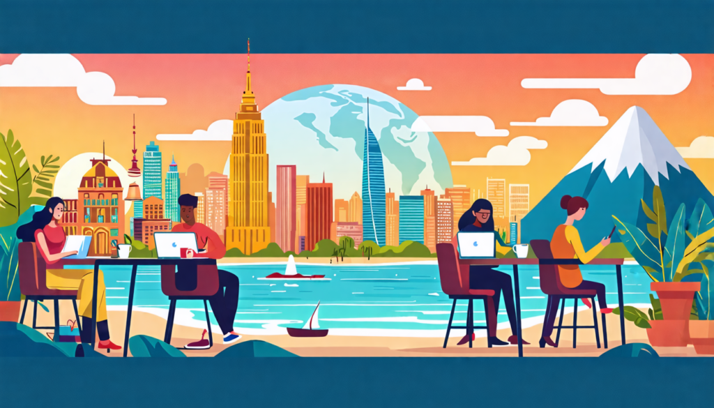 An artistic representation of diverse professionals working remotely from various locations around the world, such as a cozy home office, a beachside café, and a mountain cabin. Include recognizable l