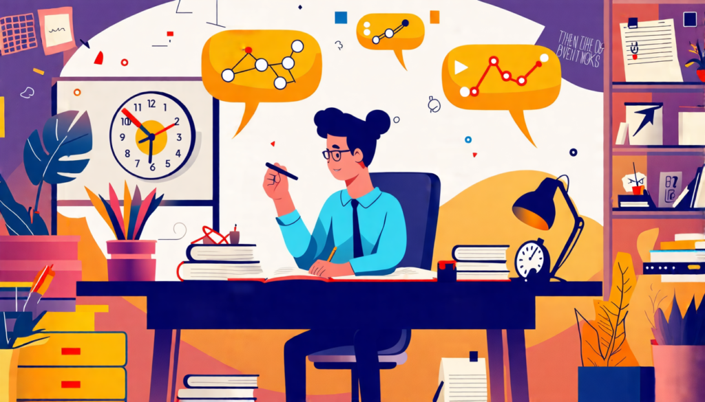 Create an illustration depicting a freelancer sitting at a cluttered desk, surrounded by three floating thought bubbles representing major challenges: 1) Time management (a clock with a chaotic schedu