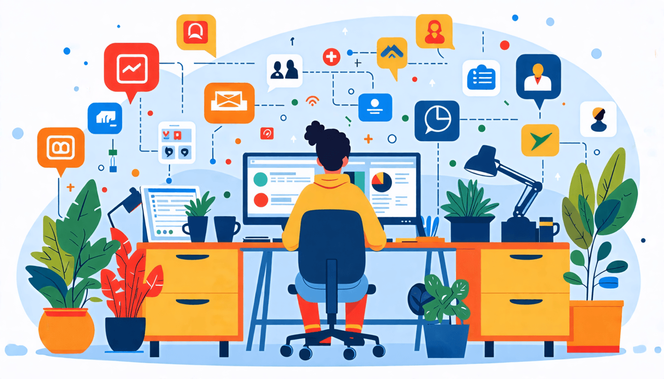 Illustration of a cozy home office setup with a person working on a laptop, surrounded by icons representing various remote job opportunities, such as part-time work symbols, company logos, and variou