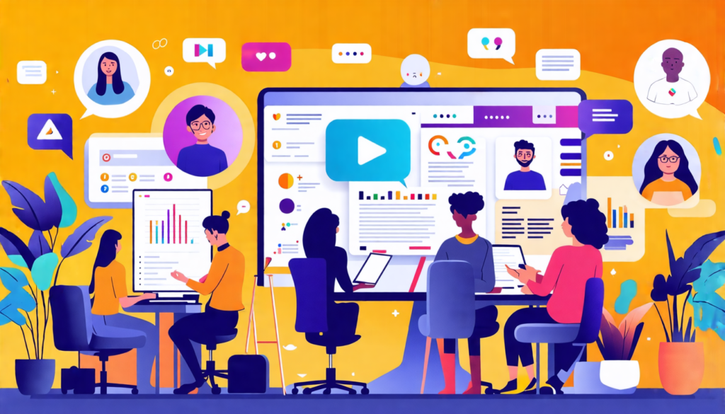 An inspiring and vibrant digital workspace showing a diverse group of professionals from various backgrounds collaborating remotely. The scene includes individuals engaged in video calls, team brainst