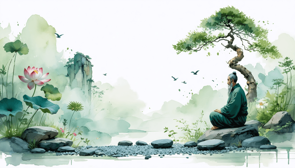 Create an illustration that embodies the essence of Stoic and Zen philosophies. Depict a serene landscape featuring a tranquil Zen garden with raked gravel and carefully placed stones, alongside a wis