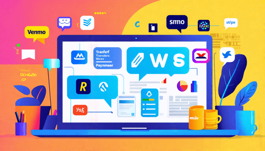 Create an infographic-style image showcasing seven alternative payment solutions for freelancers. Include recognizable logos or symbols for each payment option, such as direct bank transfers, Venmo, S