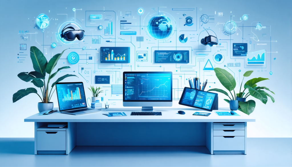 Create an illustration depicting a futuristic workspace for freelancers in 2024, showcasing essential tech tools and skills. Include elements like a laptop with coding interfaces, virtual reality head