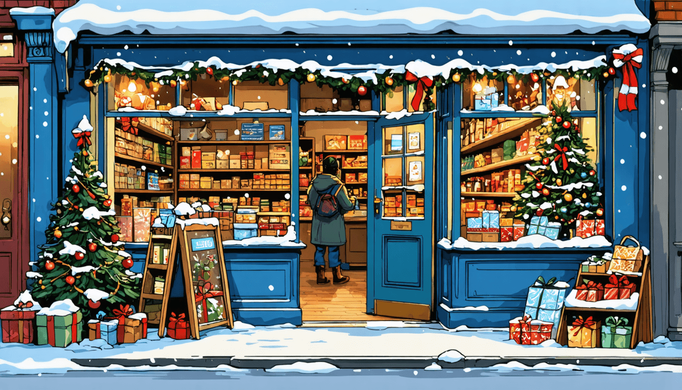 An inviting and festive small business storefront adorned with holiday decorations, featuring a cheerful shopkeeper preparing for the Christmas season. The scene should include a display of holiday-th