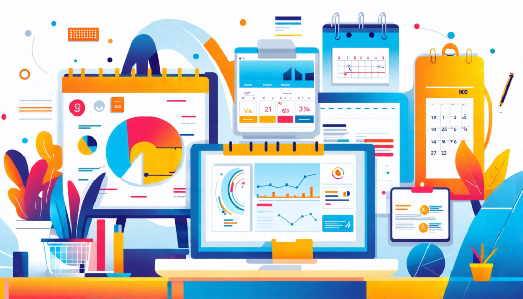 Create an illustration showcasing eight essential productivity tools for small businesses. The image should feature a vibrant workspace with items like a laptop, smartphone, calendar planner, task man