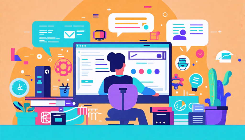 Create an illustration showcasing a digital workspace filled with various remote job opportunities. Include a person sitting at a computer surrounded by icons representing different industries (like t