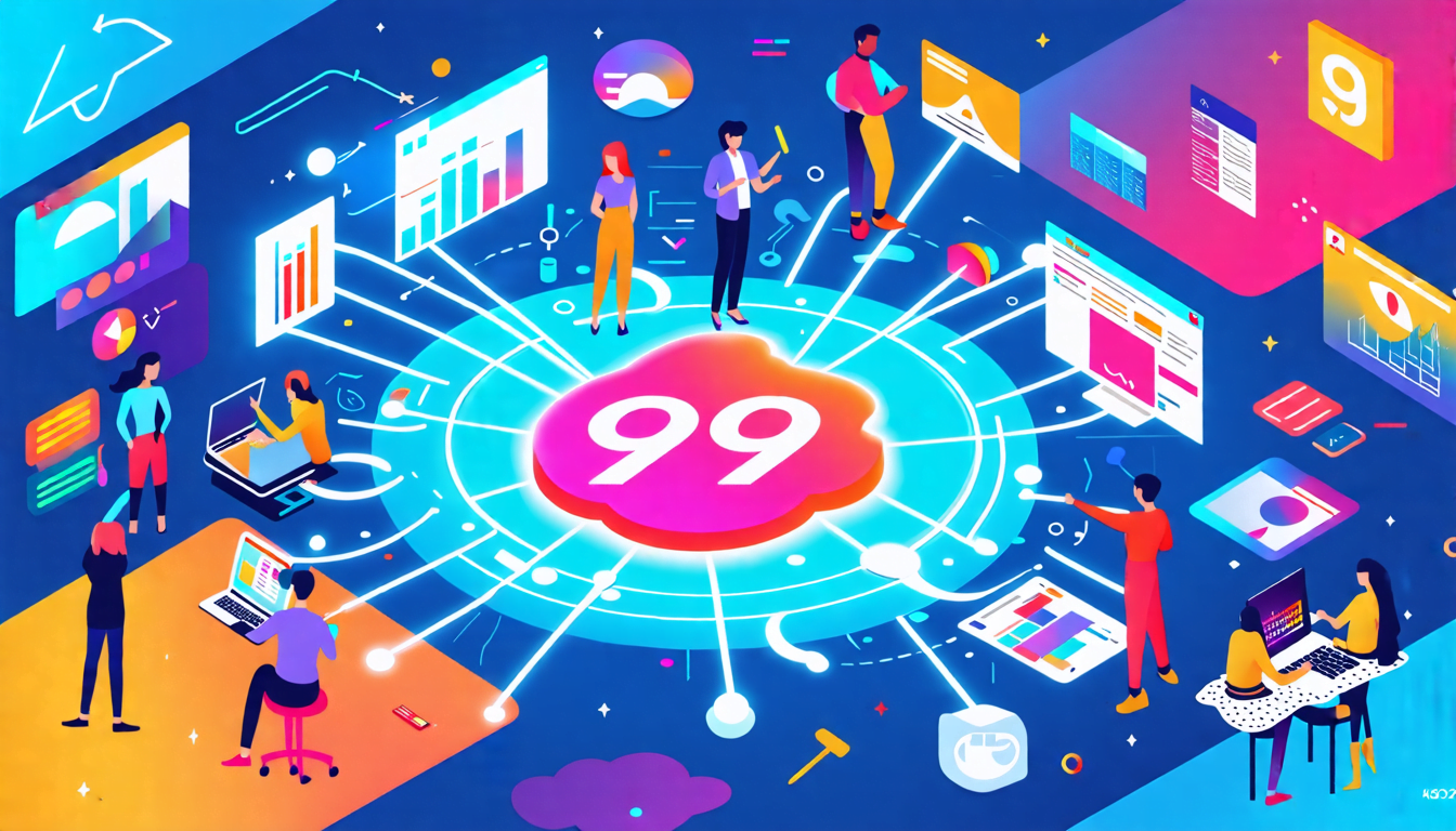 A vibrant, bustling digital marketplace filled with diverse creative professionals. In the foreground, a large 99 logo acts as a central hub, with various