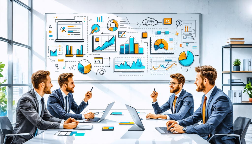 Create an engaging and professional illustration depicting a diverse group of lawyers in a modern office setting brainstorming strategies to attract more clients. Include elements like a large whitebo