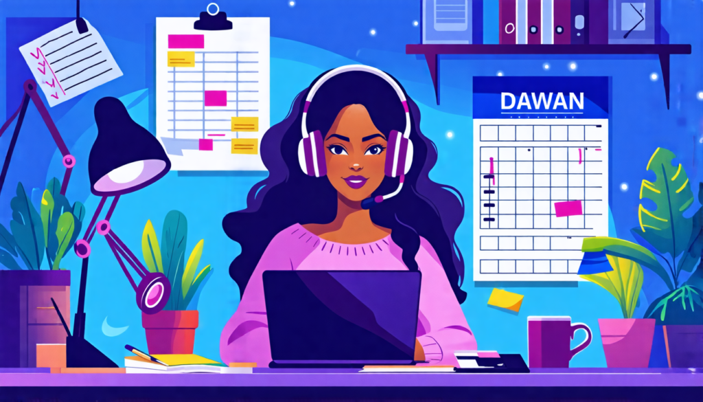 Create an illustration of a modern virtual assistant, Dawn Robinson, working from her cozy home office. The scene should showcase her multitasking, with a laptop open displaying various tasks, a calen