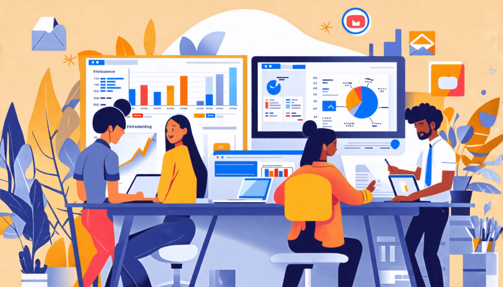 An inspiring workspace scene depicting a diverse group of individuals working as freelance digital marketers. The setting features stylish home offices with laptops open, digital marketing charts and