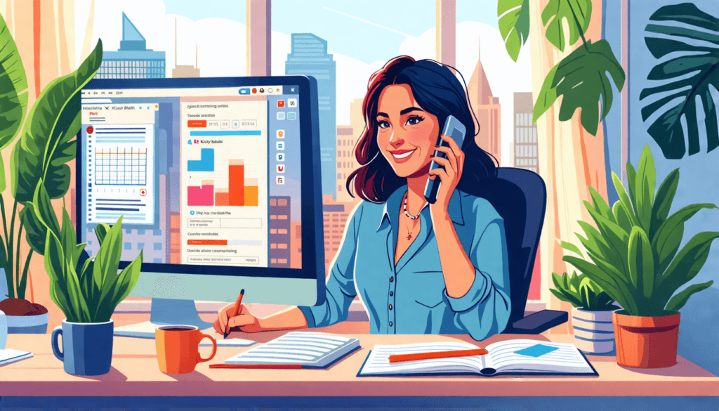 An illustration of a typical day for a virtual assistant named Kaitlyn Blair, showcasing her working from a cozy home office. The scene includes a computer with multiple tabs open, a planner filled wi