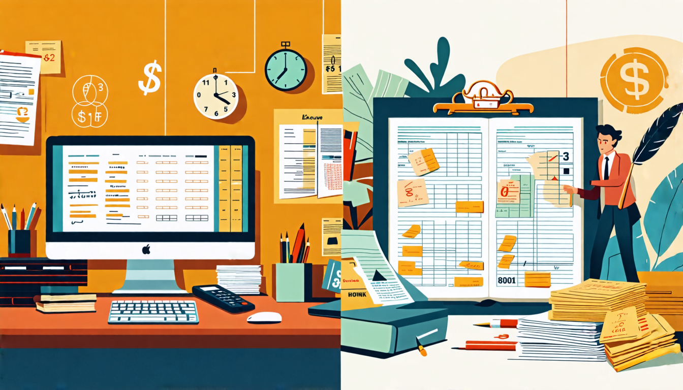A split-screen image: On one side, a modern office with a person using accounting software on a computer, surrounded by neat stacks of financial documents