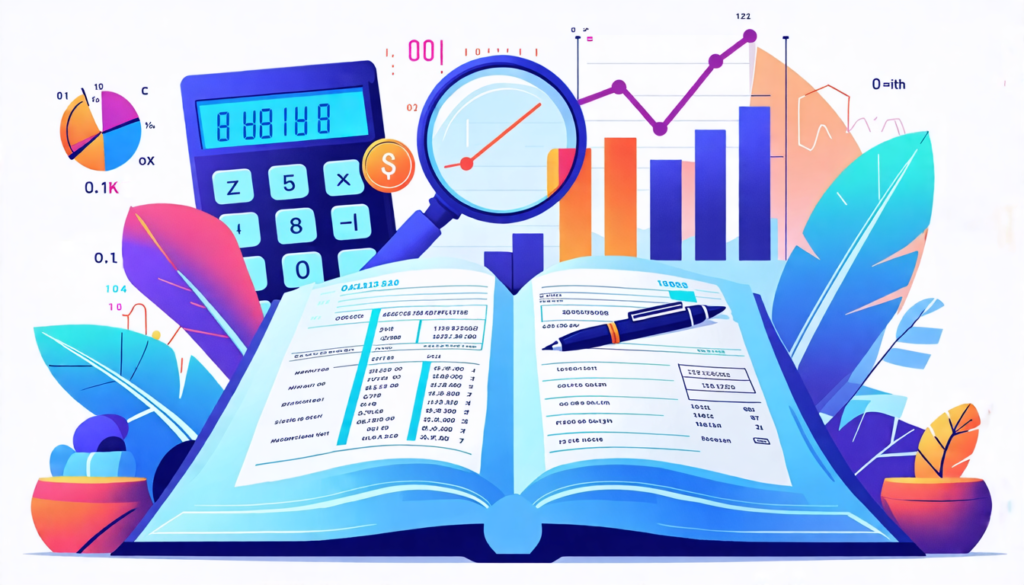 A stylized image of an open ledger book with digital elements floating above it, including a calculator, magnifying glass, and pie charts. Modern accountin