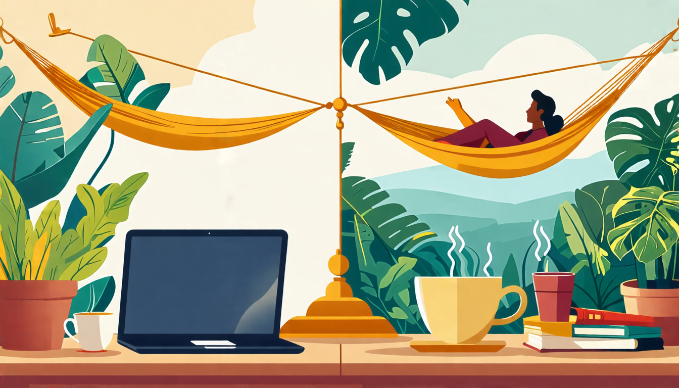 A split-screen image: on one side, a peaceful home office with a laptop, houseplants, and a cup of coffee, symbolizing productive work. On the other side,