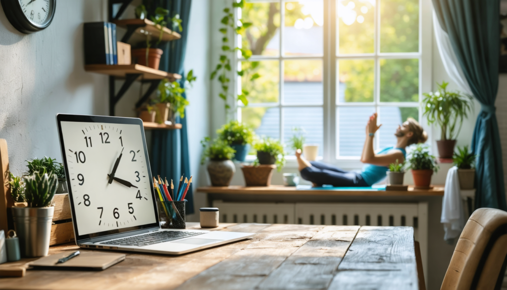 Create an image of a serene home office setup, featuring a cozy, organized workspace with a laptop, plants, and personal touches. Include a clock showing flexible hours, and in the background, depict