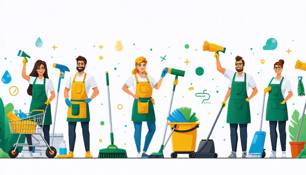 An illustrated cover for a practical handbook on acquiring clients for a cleaning business, featuring a diverse group of professional cleaners engaging with happy clients in various settings such as h