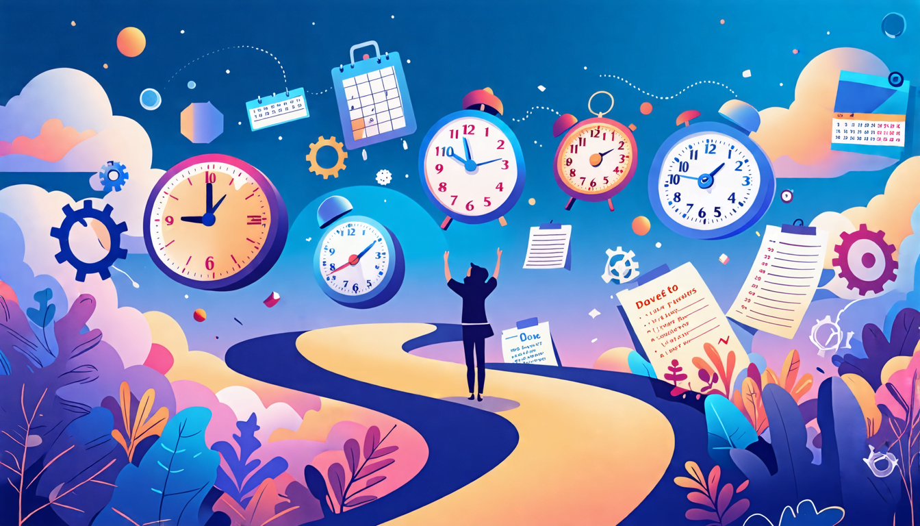 A surreal image of a person juggling various clocks, calendars, and to-do lists while standing on a winding path that transforms from a traditional office