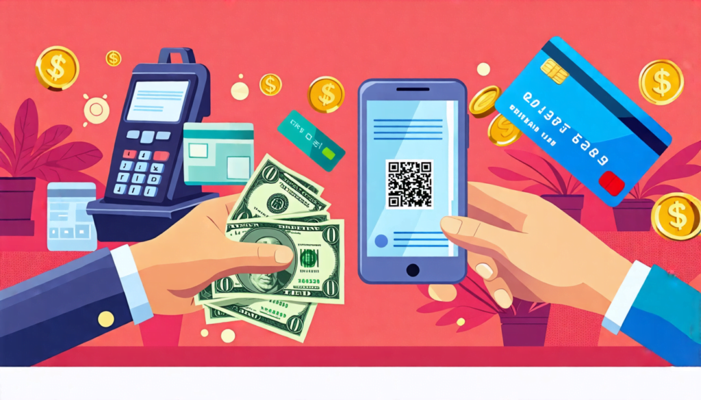 An illustration showing two hands exchanging money, with one hand offering traditional currency (bills and coins) while the other hand presents various mod