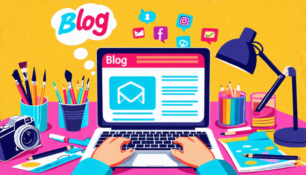 A stylized desk workspace with a laptop displaying a colorful blog page, surrounded by various portfolio elements like a camera, paintbrushes, and design s