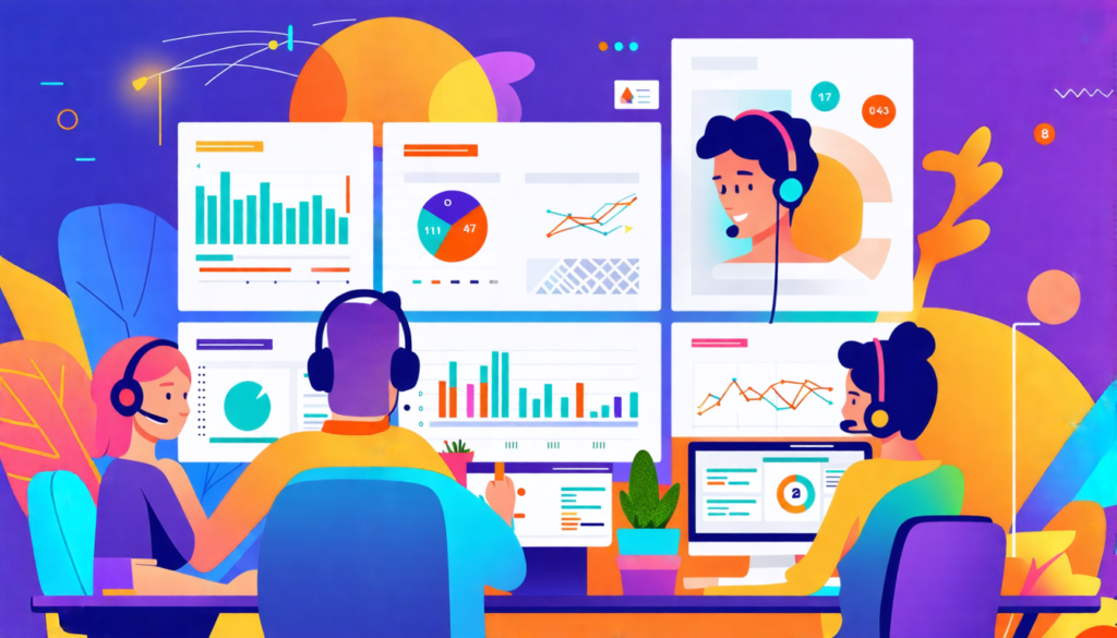An illustration showcasing a small business owner managing expert call services, featuring a modern office setup with a headset, multiple screens displaying call metrics, and happy customers on the li