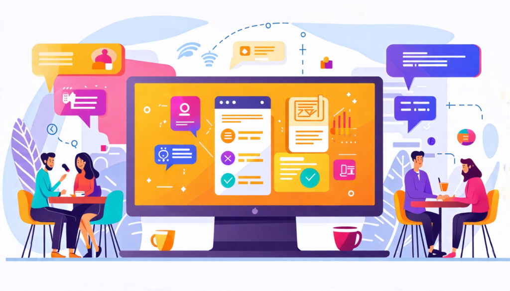 Create an illustration depicting a step-by-step guide on selling freelance services. The first step shows a computer screen displaying a well-designed portfolio, the second step features a person netw