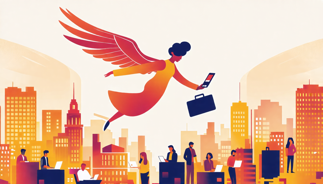 A modern, minimalist illustration of an angel with spread wings, hovering above a bustling cityscape. The angel is holding a smartphone in one hand and a b