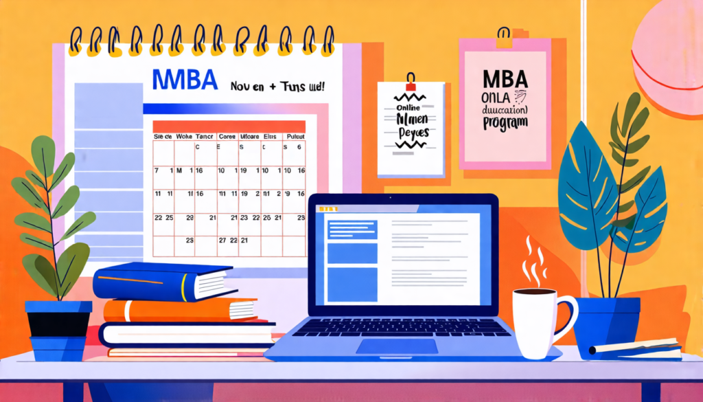Create an illustration of a modern freelance workspace featuring a laptop with an open online MBA program, coffee cup, and academic books. Include elements like a comfortable chair, plants, and a wall