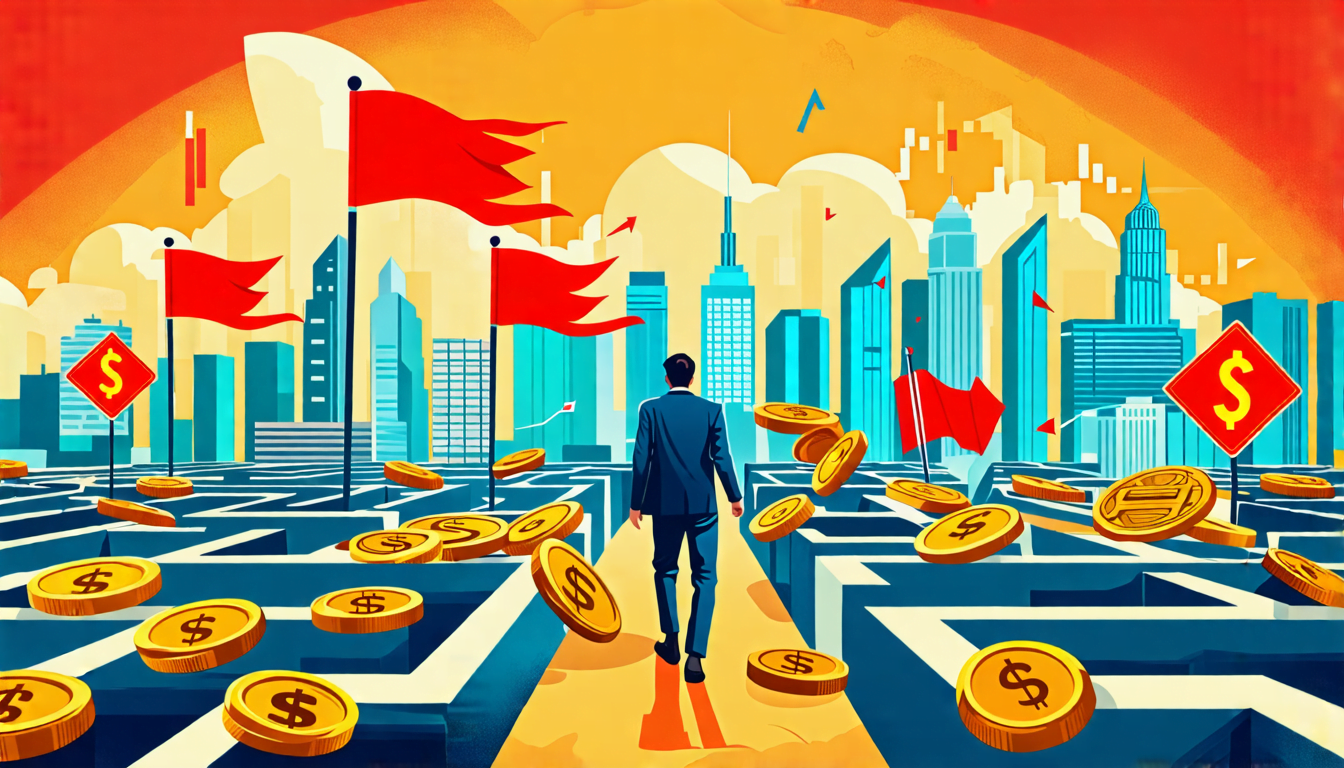 A vibrant illustration showing a person carefully navigating a maze-like path through oversized coins and dollar bills, avoiding pitfalls and traps symboli