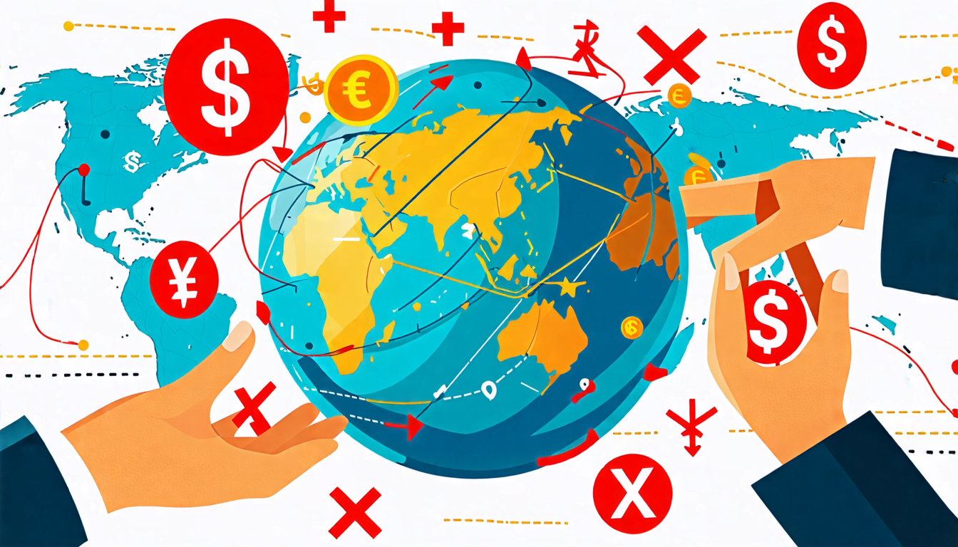 An illustration showing a globe with various currency symbols (dollar, euro, yen, pound) floating around it. A large hand reaches across the globe, grabbin