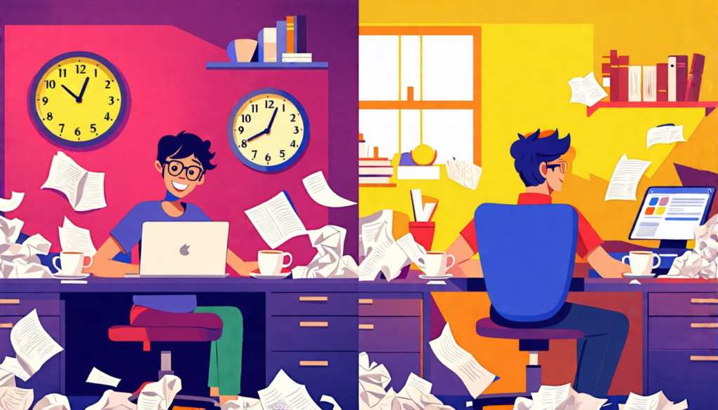 A split-screen image: on one side, a student frantically working at a cluttered desk surrounded by coffee cups and crumpled papers, clock showing late nigh