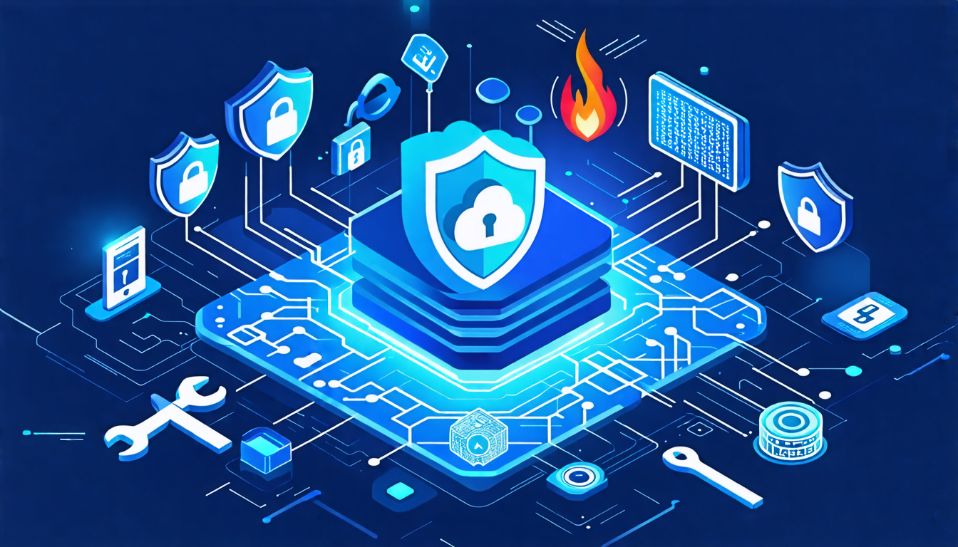 A digital fortress surrounded by shield icons, with various computer devices connected to a central cloud symbol. The fortress has multiple layers of prote