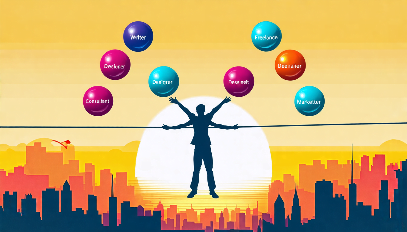 A juggler balancing on a tightrope, skillfully keeping multiple colorful balls in the air. Each ball is labeled with different freelance roles like Writer,