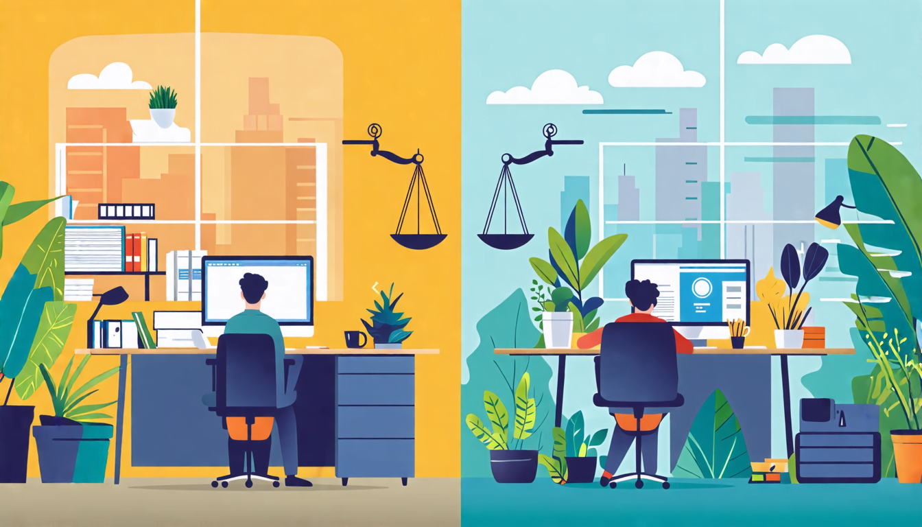 A split-screen image: on one side, a bustling office with a person working at a desk, surrounded by computers and paperwork; on the other side, the same pe