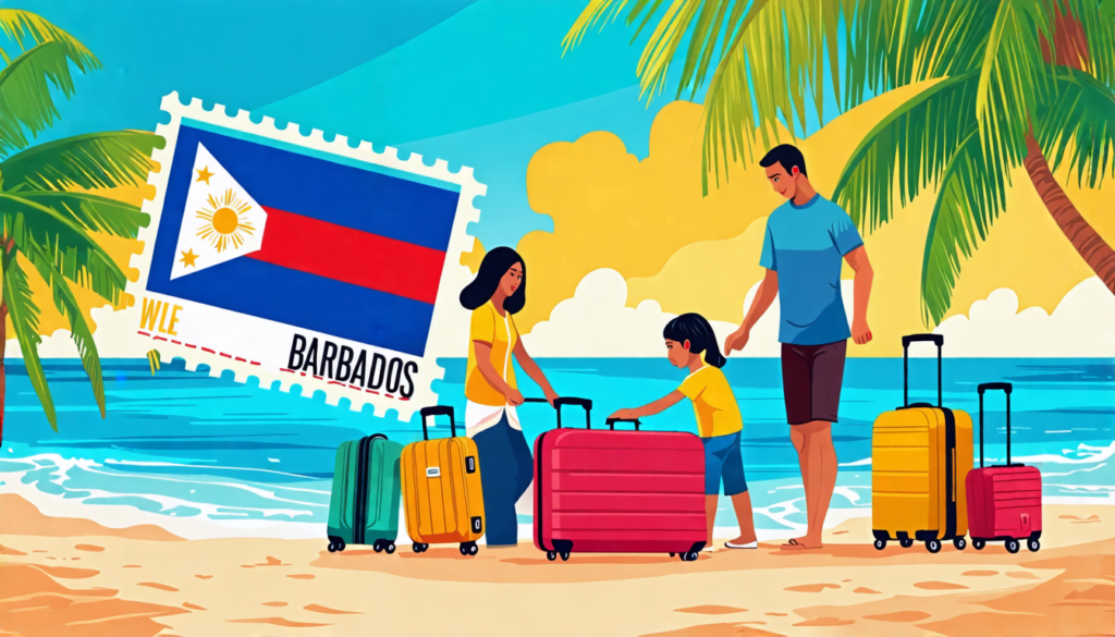 A vibrant, tropical beach scene with a Filipino family unpacking suitcases on the sand. In the foreground, a large passport stamp featuring the Barbados fl