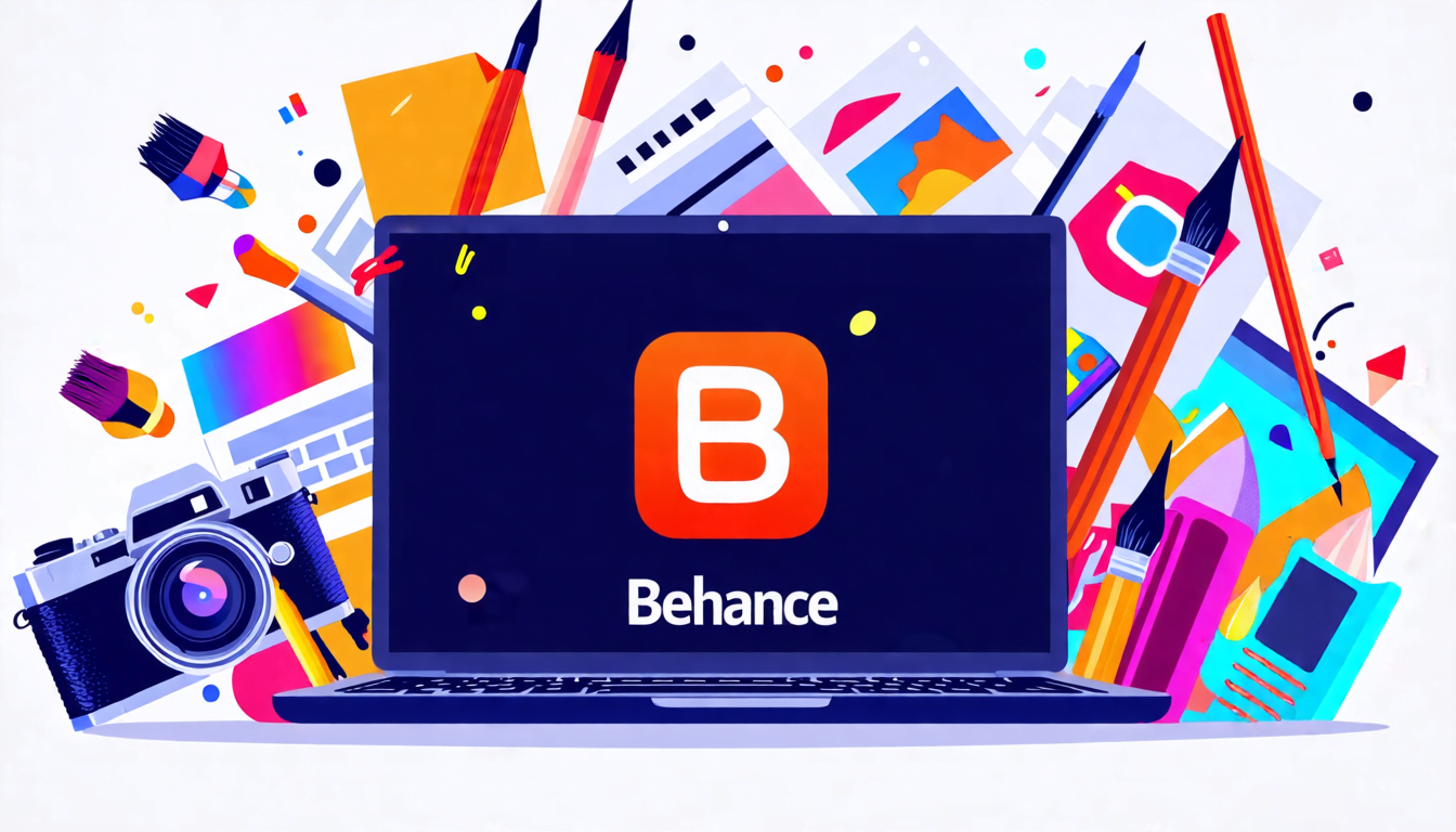A stylized digital display showing a sleek laptop screen with the Behance logo prominently featured. The screen is surrounded by various artistic elements