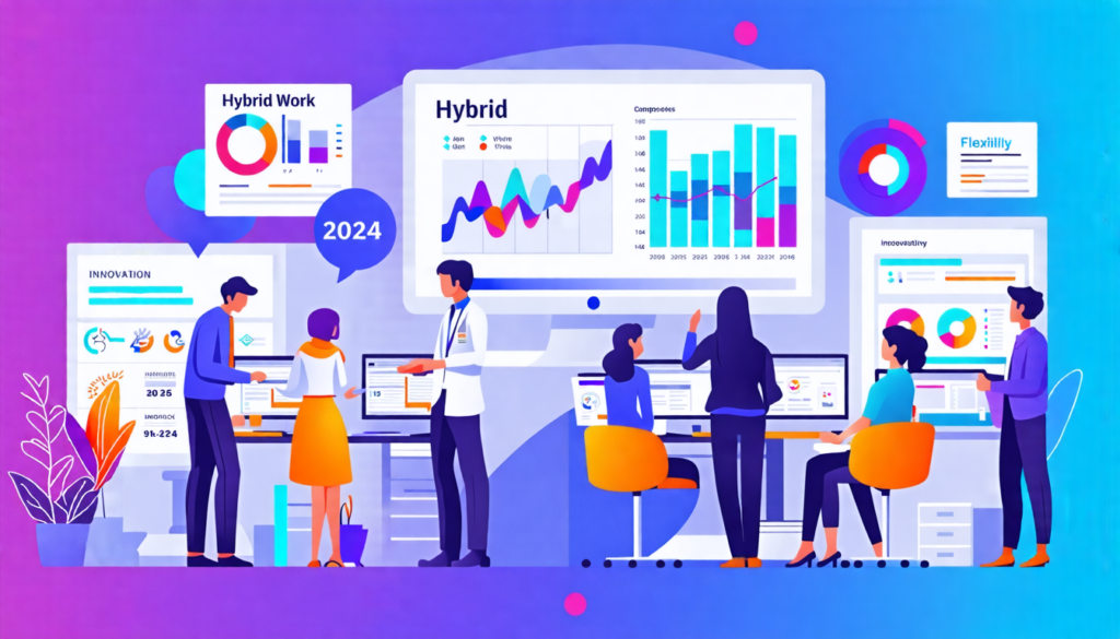 Create an infographic-style illustration that showcases a diverse group of professionals working in a modern office setting with a blend of remote and in-person elements. Include visual icons represen