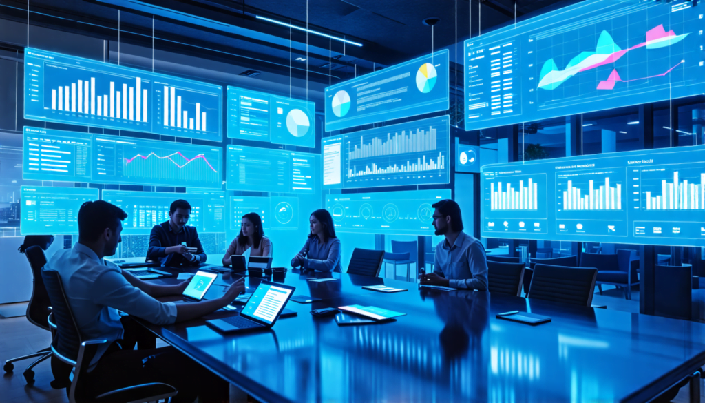 A futuristic workspace with multiple floating holographic screens displaying various project management interfaces. The screens show Gantt charts, Kanban b