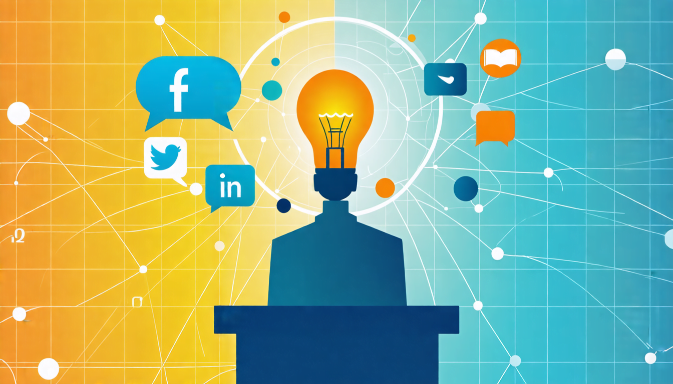 A stylized illustration of a human silhouette with a lightbulb for a head, standing on a podium. The silhouette is surrounded by orbiting speech bubbles, s