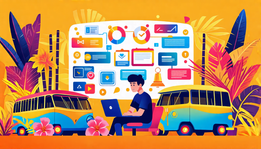 A vibrant digital illustration showcasing a Filipino freelancer working on a laptop, surrounded by traditional Filipino cultural elements like jeepneys, ba