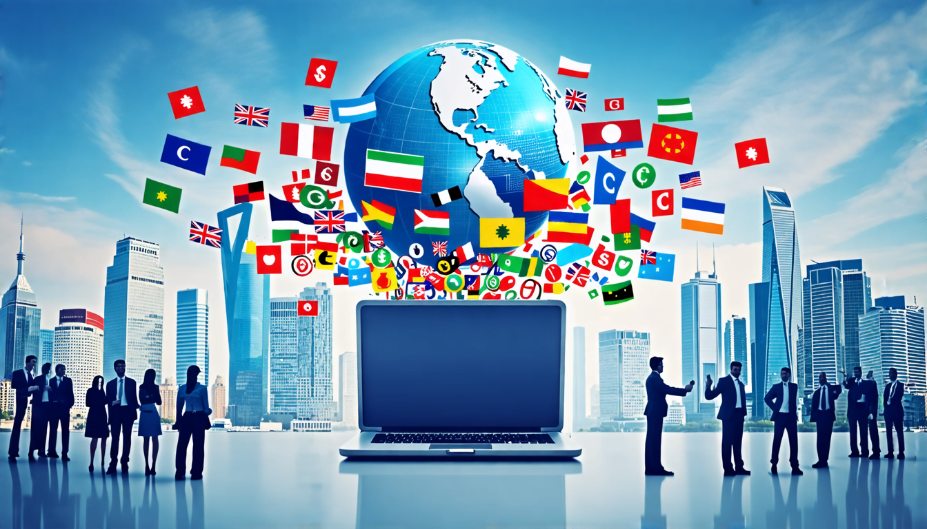 A globe floating above an open briefcase, with colorful brand logos and marketing materials bursting out of it. Various international flags and currency sy