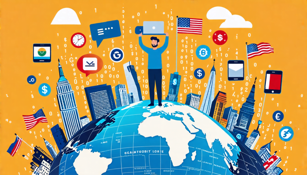 A digital illustration showing a freelancer standing on a globe, using a laptop to break through a glass ceiling. The globe is surrounded by various intern