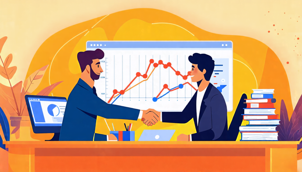 A professional-looking freelancer shaking hands with a satisfied client across a desk, with a backdrop showing a timeline or growth chart symbolizing long-
