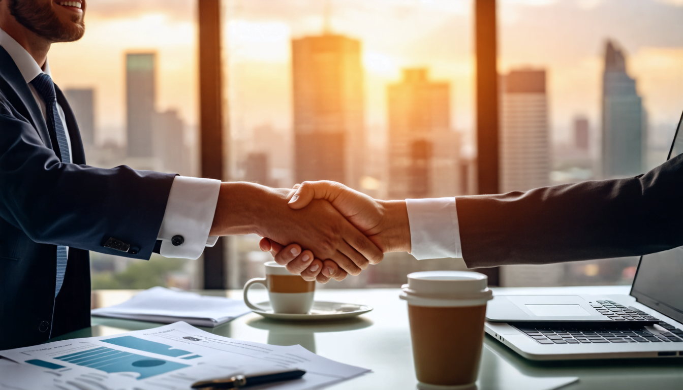 A warm, professional handshake between a smartly dressed businessperson and a client, set in a modern office with city skyline visible through large window