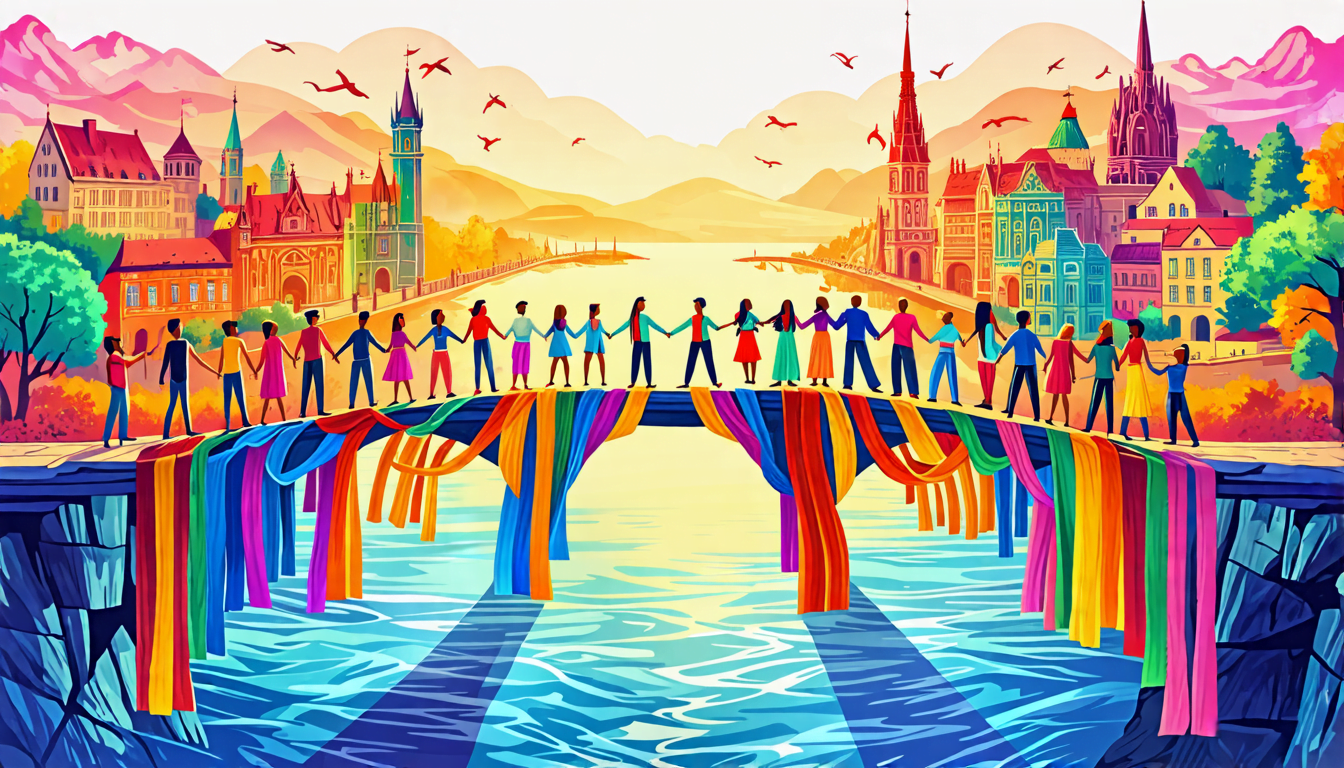 A diverse group of people from different cultures joining hands to form a bridge over a chasm, symbolizing trust and connection. The bridge is made of colo