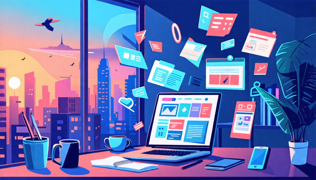 A digital artist working on a laptop, surrounded by floating icons representing various skills and projects. The scene is set in a modern, minimalist home