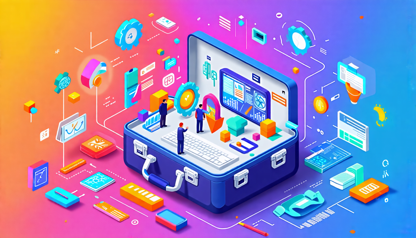 A colorful collage-style image showcasing various professional fields and skills. In the center, a briefcase opens to reveal miniature scenes representing